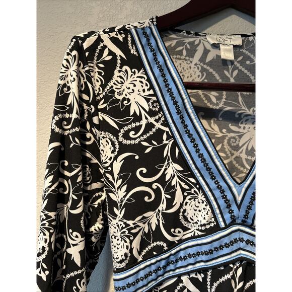 Ann Taylor Loft Women’s Large 3/4 Sleeve Blouse Top Floral Tie Waist Slimming - Picture 2 of 8